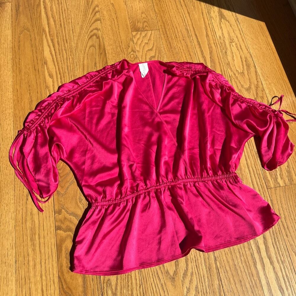 Joie Hot Pink Satin Wrap Top, Size XL, Ruched sleeves, V neck, Fun, Colorful